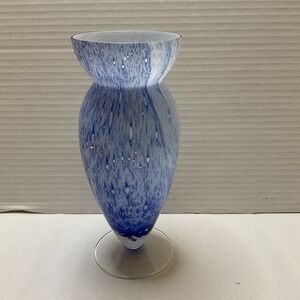 Vintage Blown Glass‎ Blue & White Speckled Swirled Pedestal Vase